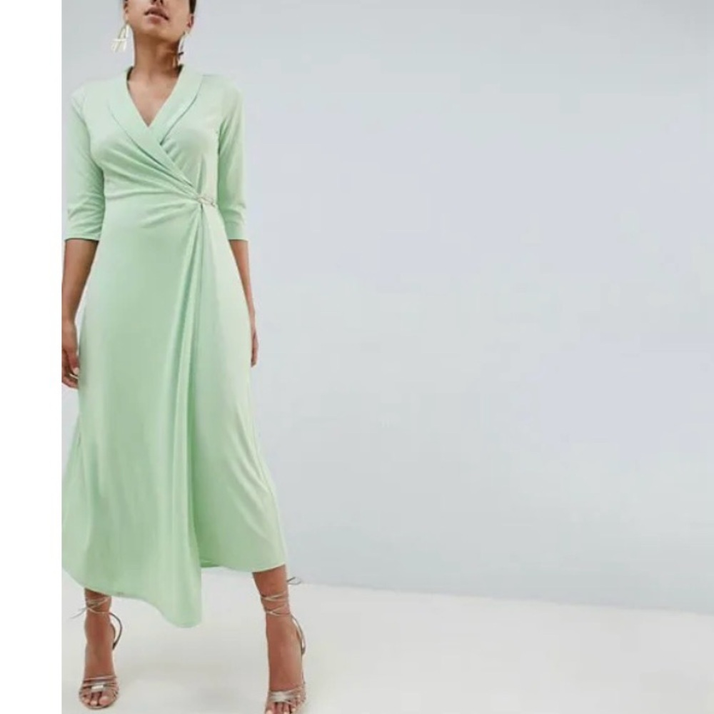 ASOS Green Wrap Midi Dress with Notched Collar